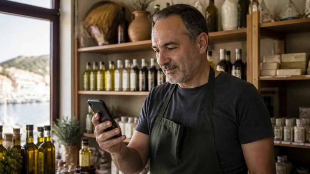 Zeytinyağı dükkânı sahibi telefonda Google Haritalar işletme kaydına bakıyor