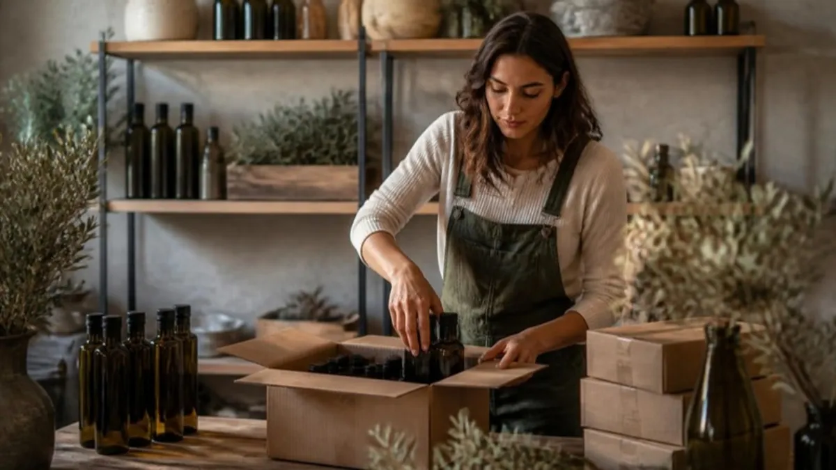 Zeytinyağı üreticisi online siparişler için şişeleri kargo kutusuna paketliyor