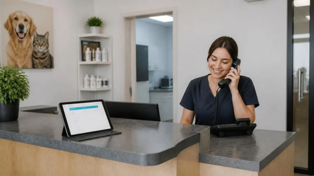 Veteriner kliniği resepsiyonunda telefonla randevu alan görevli ve tablette klinik web sitesi