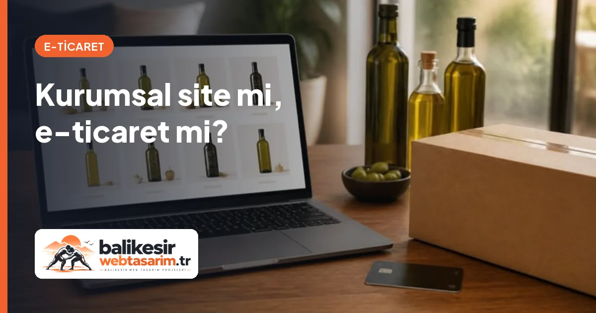 Dizüstü bilgisayarda online mağaza, yanında zeytinyağı şişeleri ve kargo kutusu