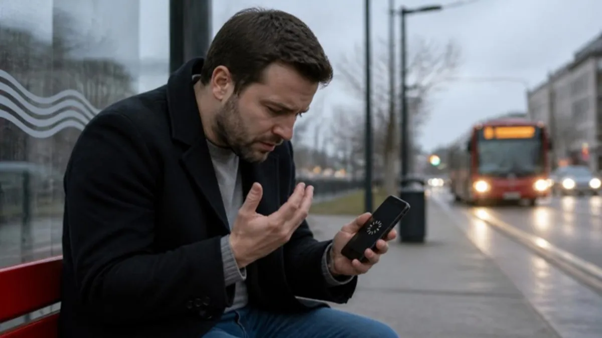 Otobüs durağında telefonda yavaş açılan web sayfasını bekleyen sinirli kullanıcı