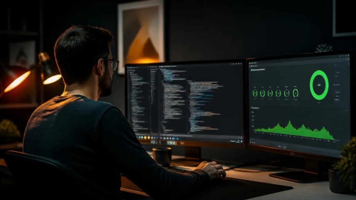 Yazılımcı iki monitörde kod ve performans grafikleriyle site hızını optimize ediyor
