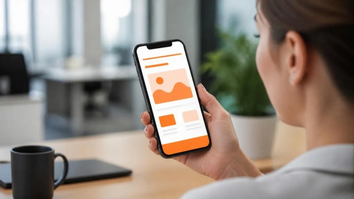 Kadın kullanıcı akıllı telefonda web sitesinin mobil görünümünü test ediyor