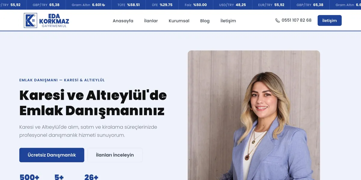 Eda Korkmaz Gayrimenkul web sitesi ekran görüntüsü